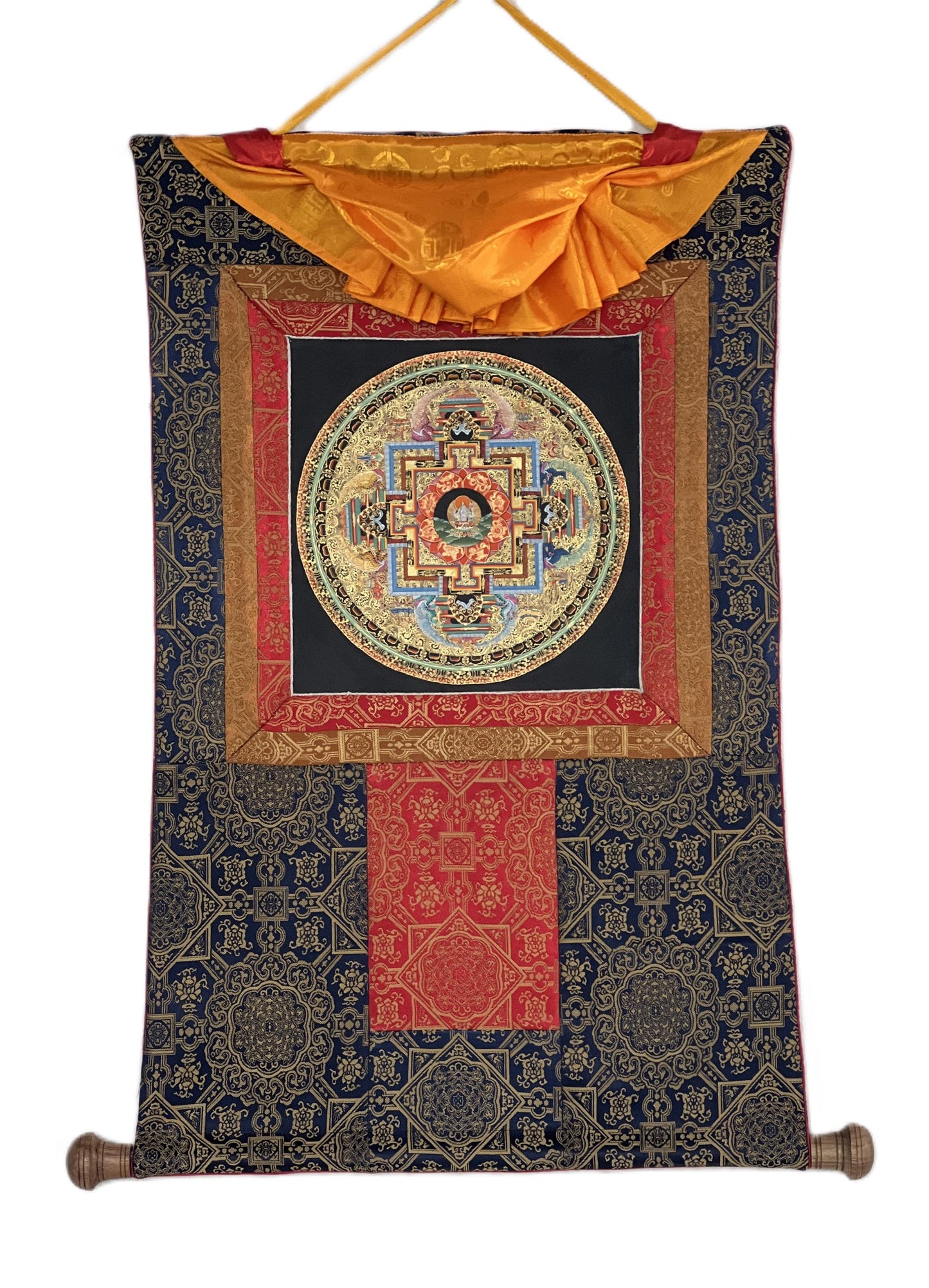 Hand-Painted Avalokiteshvara Thangka – 24K Gold Mandala, Silk Brocade