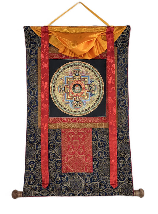 Hand-Painted Avalokiteshvara Thangka – 24K Gold Mandala, Silk Brocade