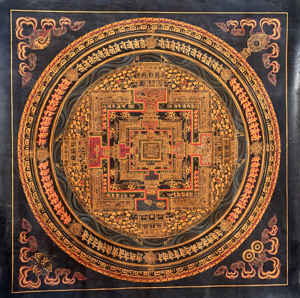 Kalachakra Mandala Thangka Painting, Black and Gold Meditation Art