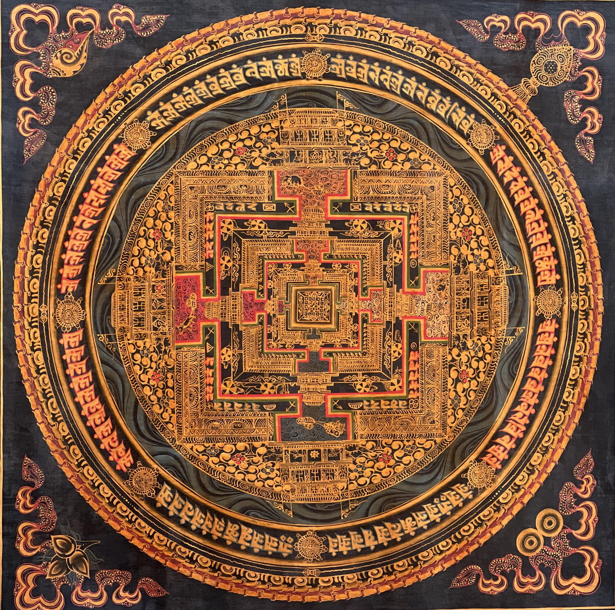 Kalachakra Mandala Thangka Painting, Black and Gold Meditation Art