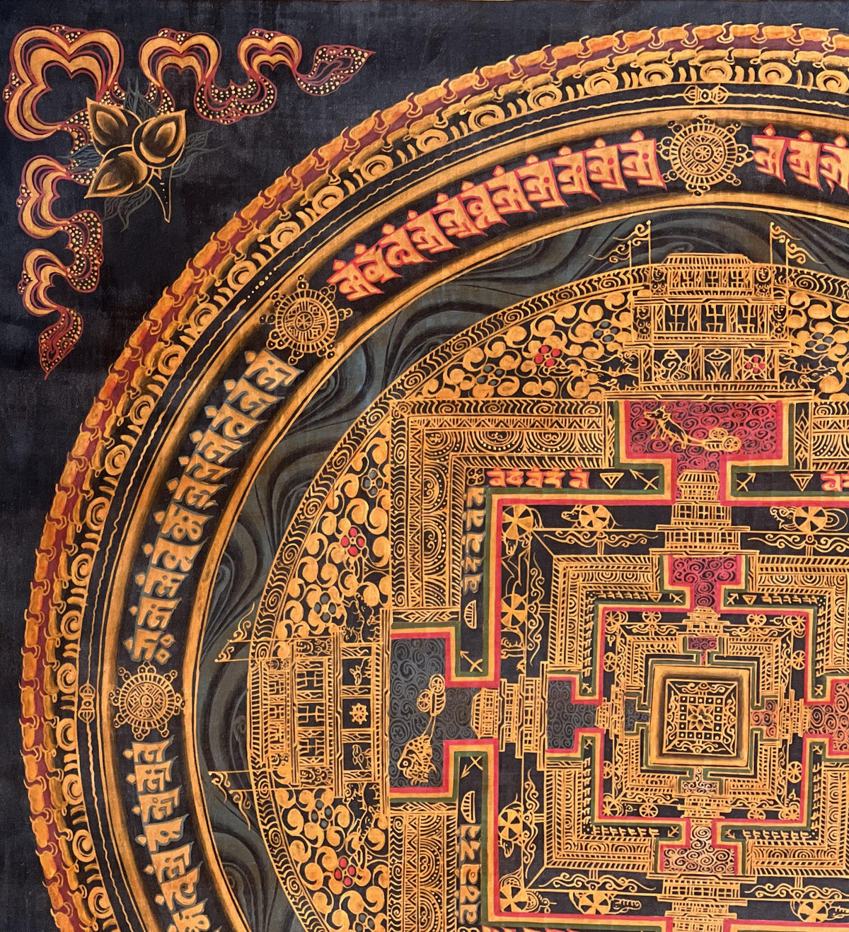 Kalachakra Mandala Thangka Painting, Black and Gold Meditation Art