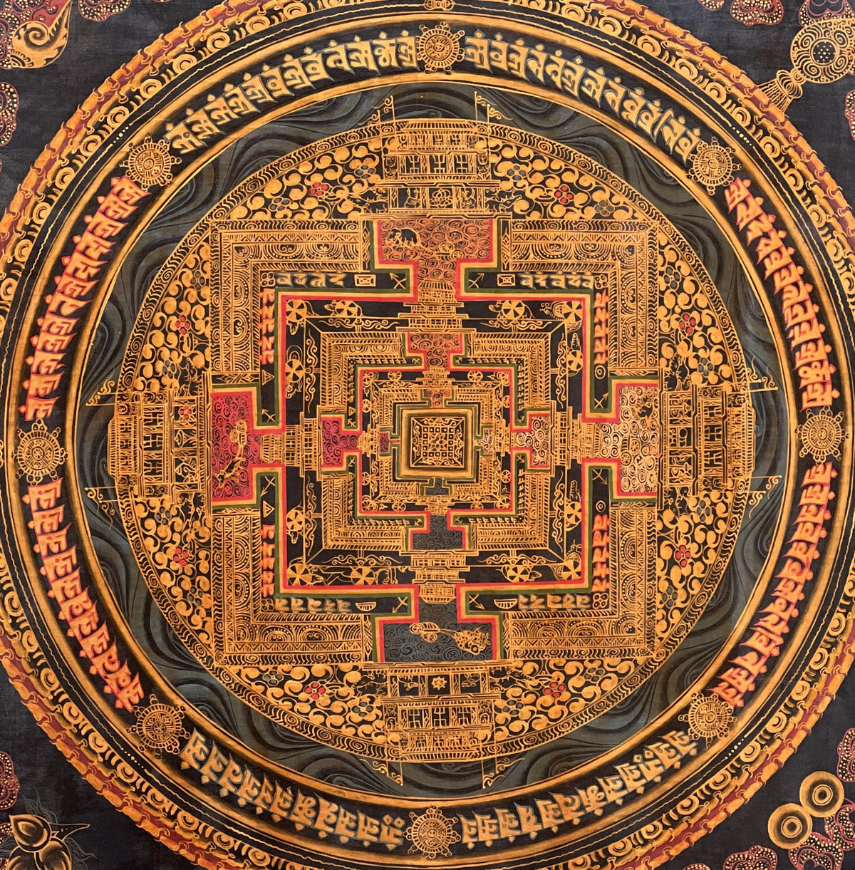 Kalachakra Mandala Thangka Painting, Black and Gold Meditation Art
