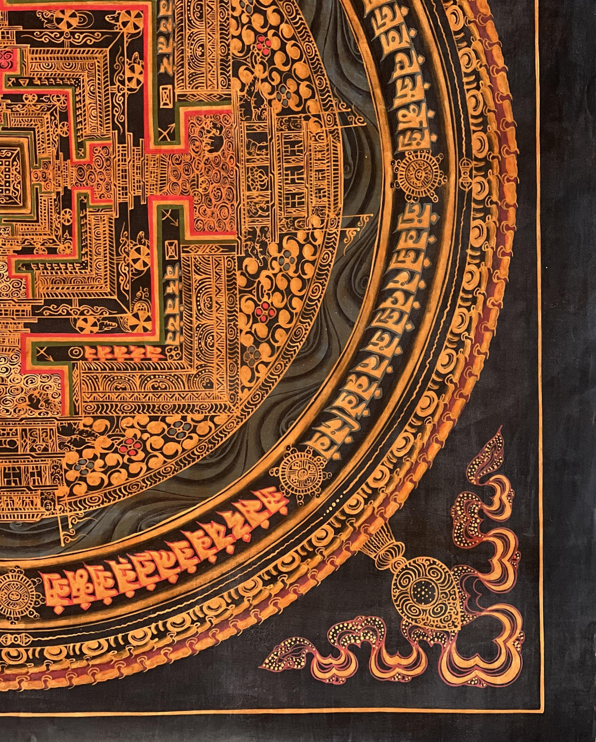 Kalachakra Mandala Thangka Painting, Black and Gold Meditation Art
