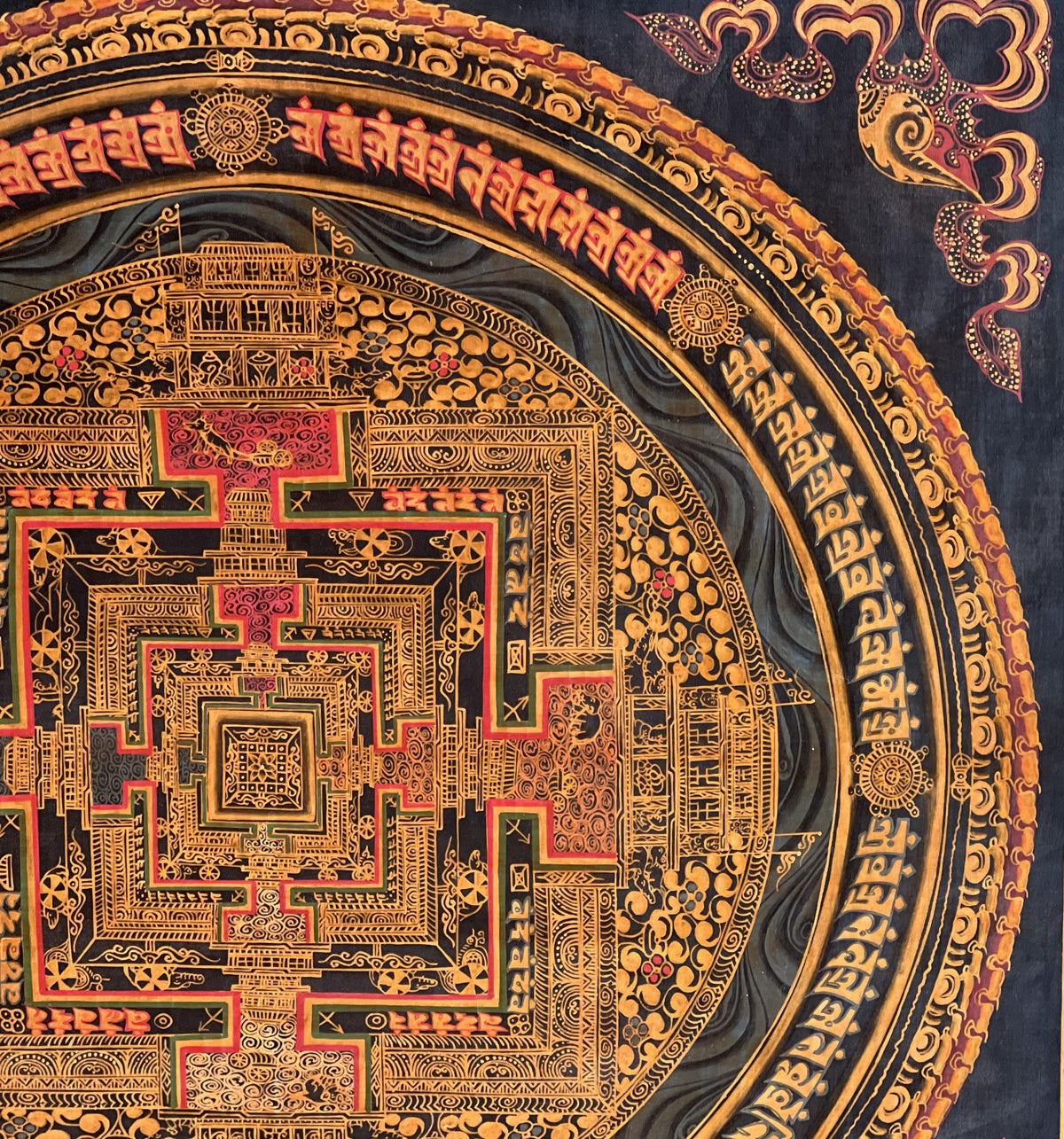 Kalachakra Mandala Thangka Painting, Black and Gold Meditation Art