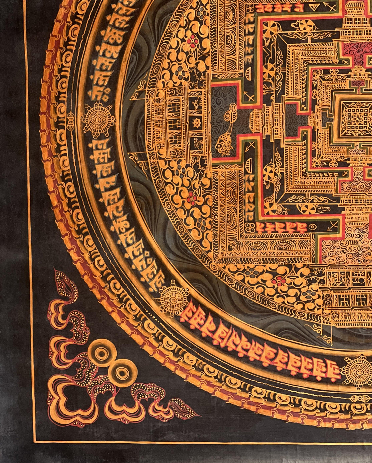 Kalachakra Mandala Thangka Painting, Black and Gold Meditation Art
