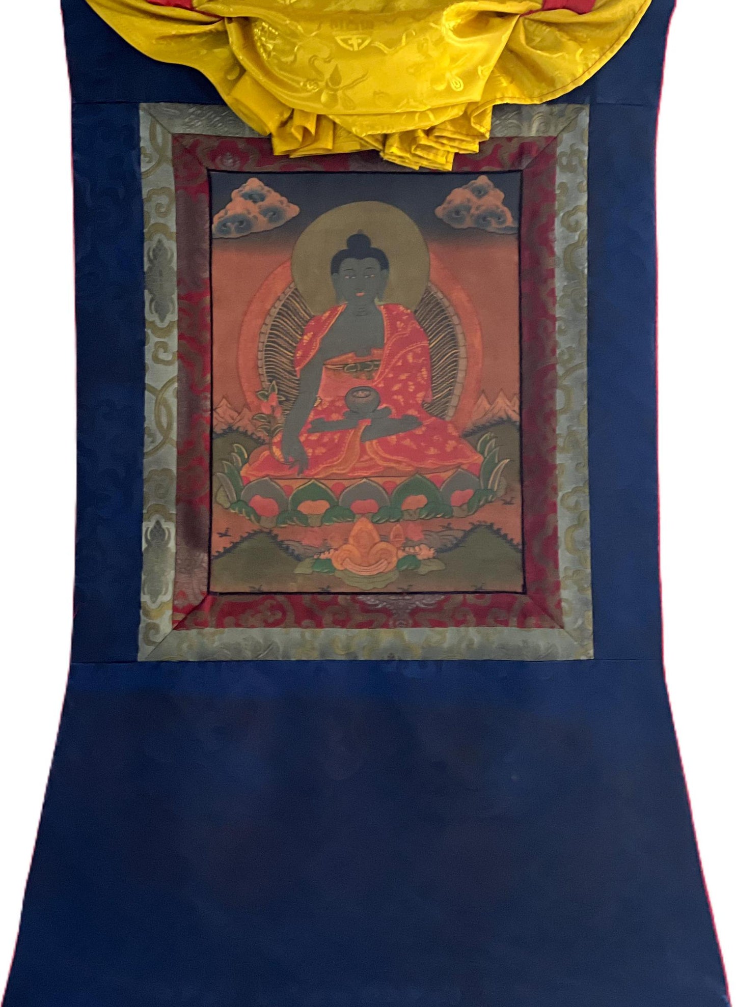 Old Medicine Buddha Thangka Painting with Silk Brocade