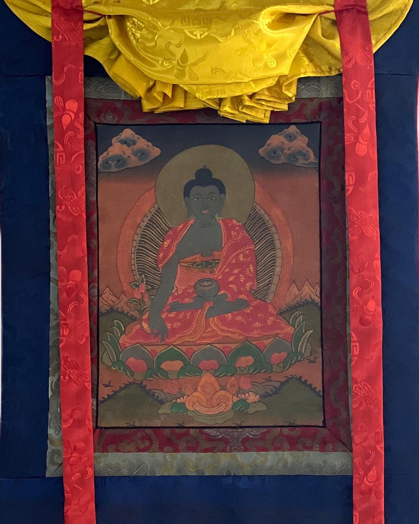 Old Medicine Buddha Thangka Painting with Silk Brocade