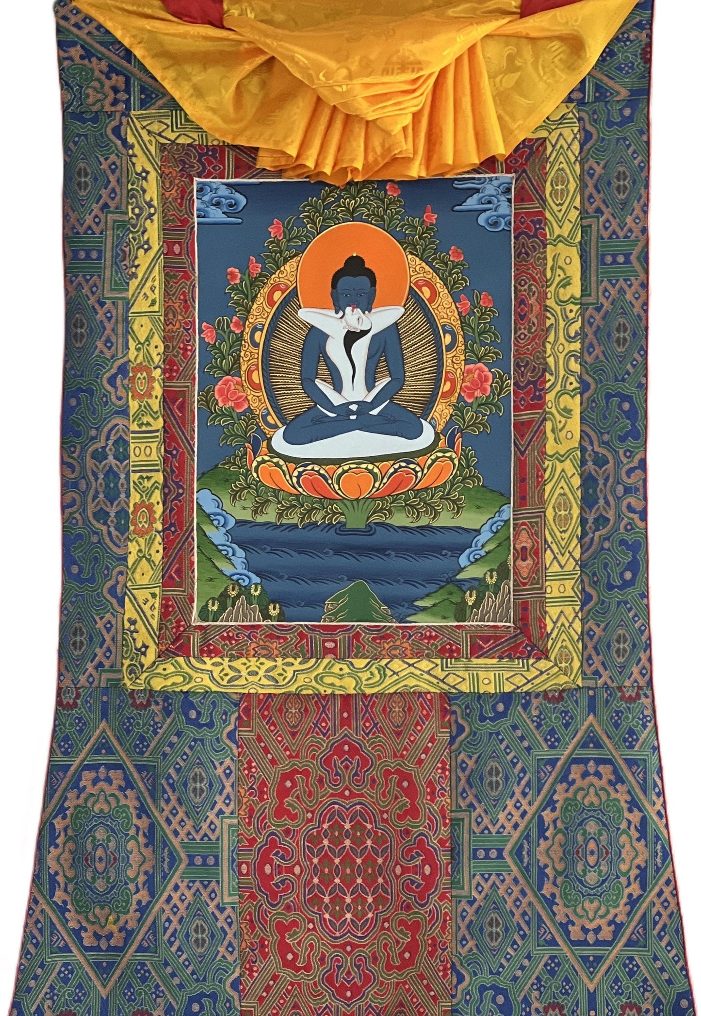 Hand-Painted Tibetan Buddha Thangka | Samantabhadra Yab-Yum Art with Brocade