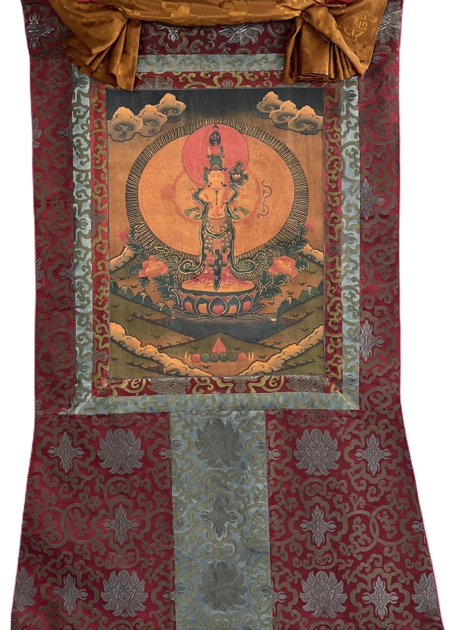 Avalokiteshvara Thangka Painting, Oil-Varnished, Silk Brocade, Tibetan Art