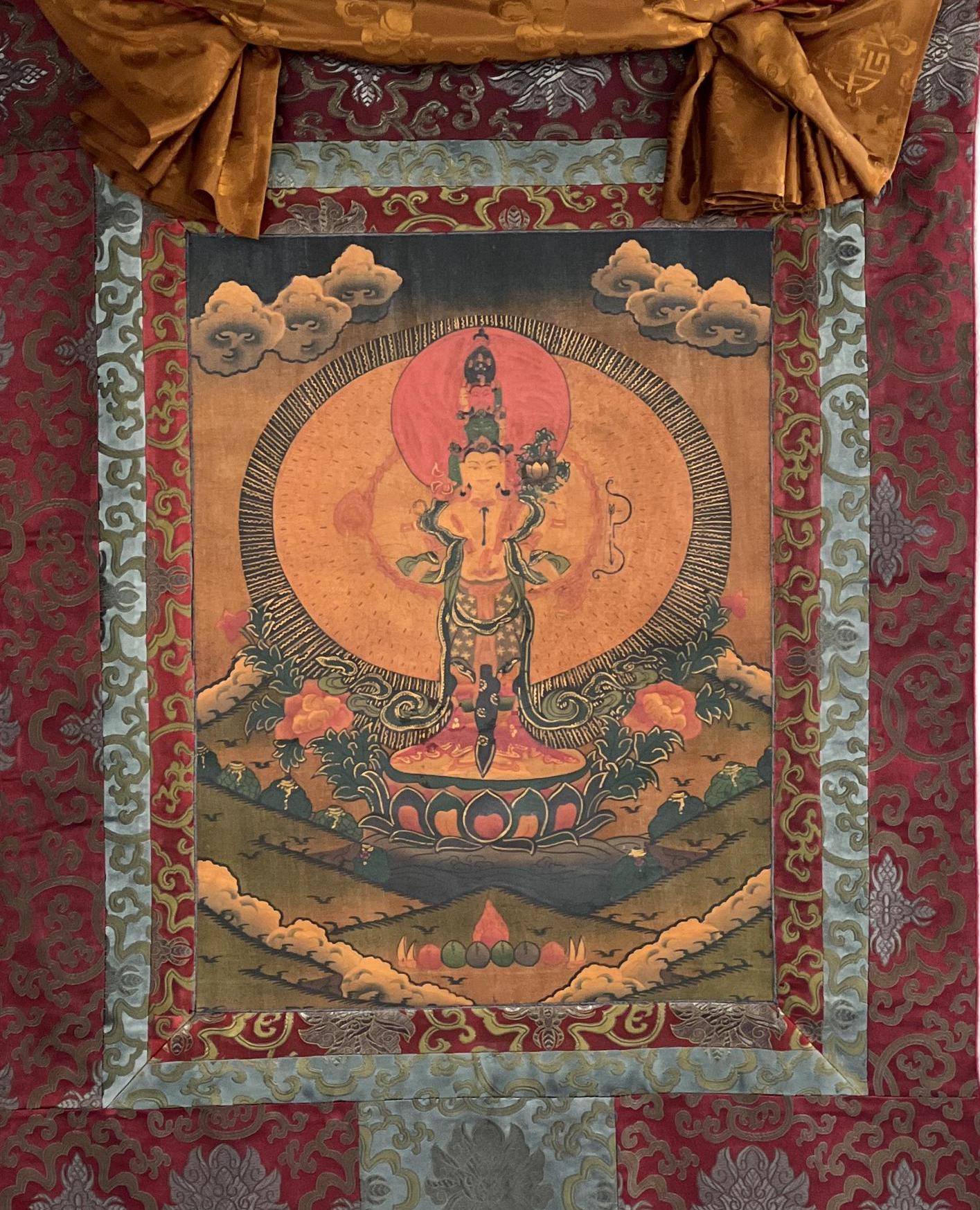 Avalokiteshvara Thangka Painting, Oil-Varnished, Silk Brocade, Tibetan Art