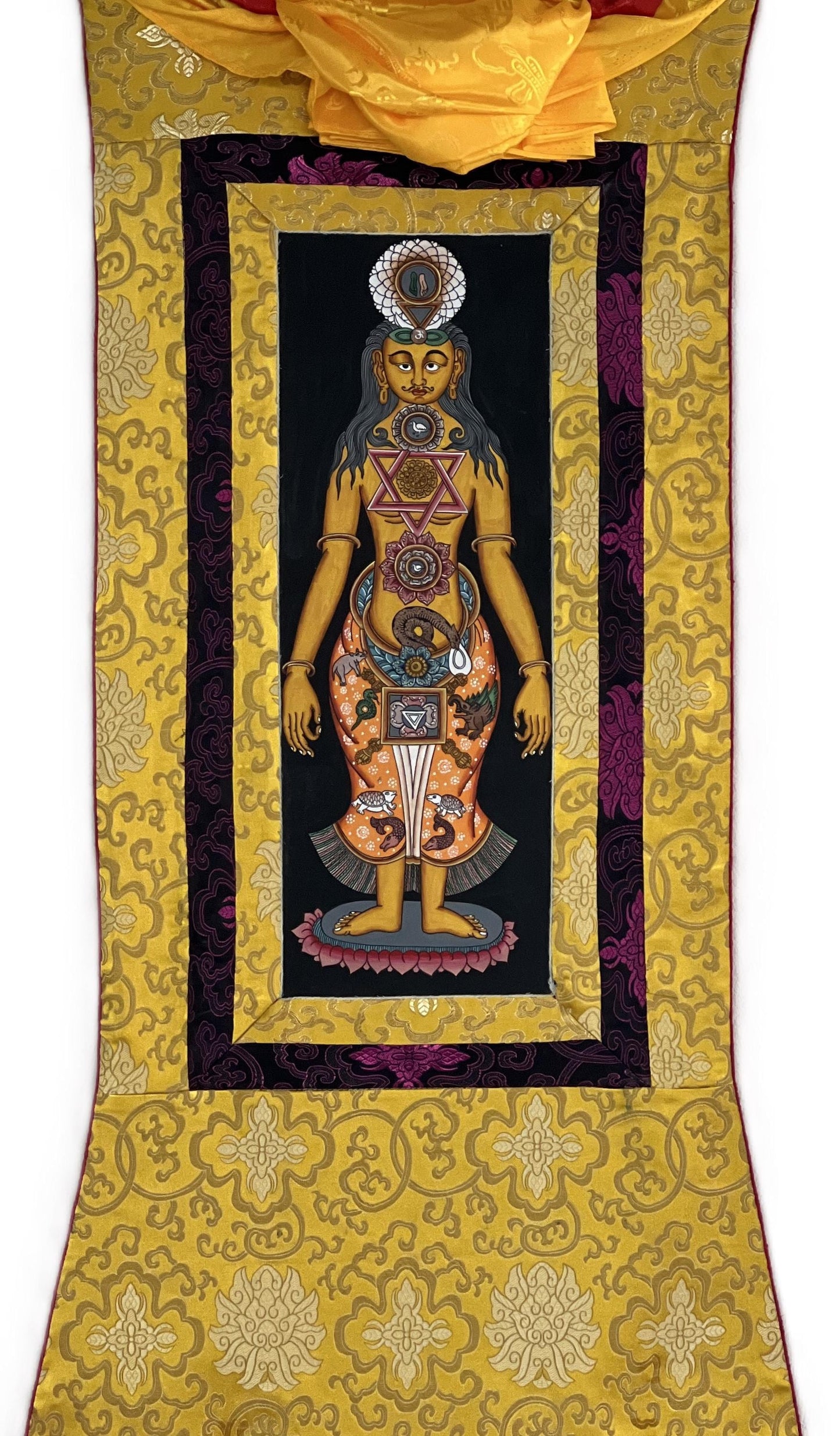 Hand-Painted 7 Chakra Kundalini Tibetan Thangka with Silk Brocade | Life Energy Wall Art