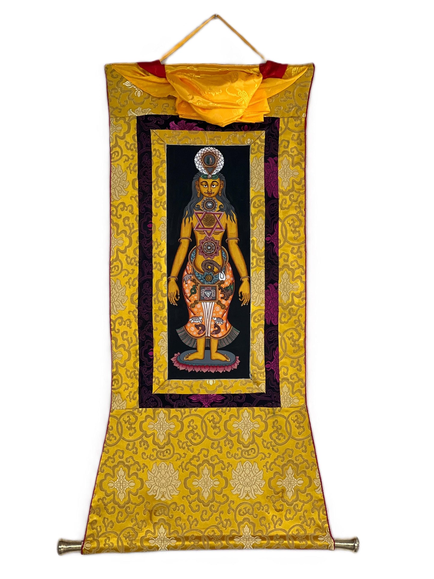 Hand-Painted 7 Chakra Kundalini Tibetan Thangka with Silk Brocade | Life Energy Wall Art