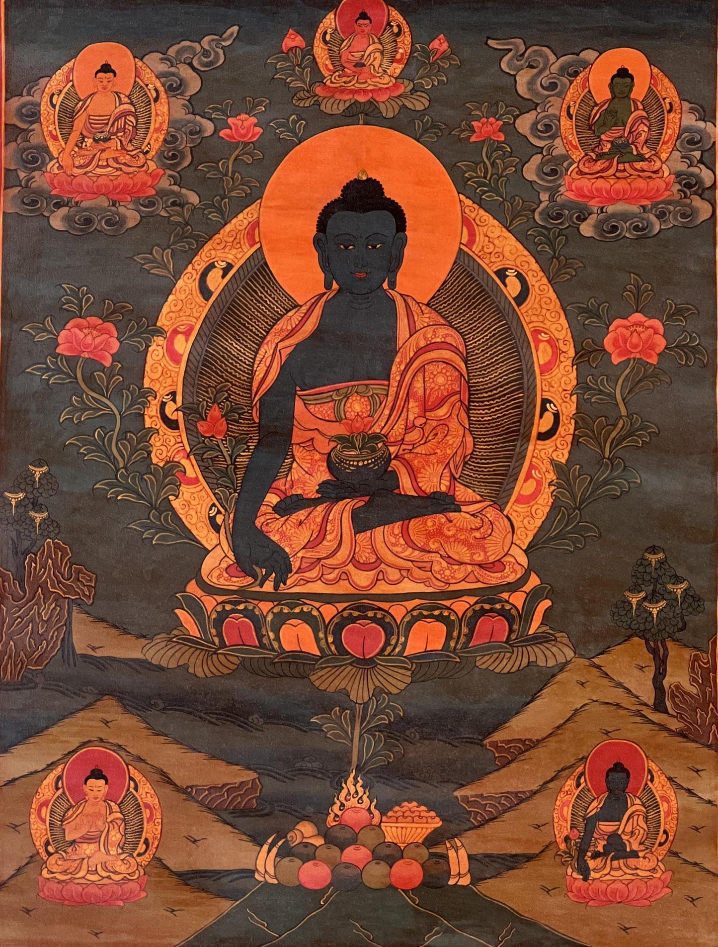 Hand-Painted Medicine Buddha Thangka | Bhaisajyaguru Tibetan Art | Vintage Oil-Varnished Meditation Painting