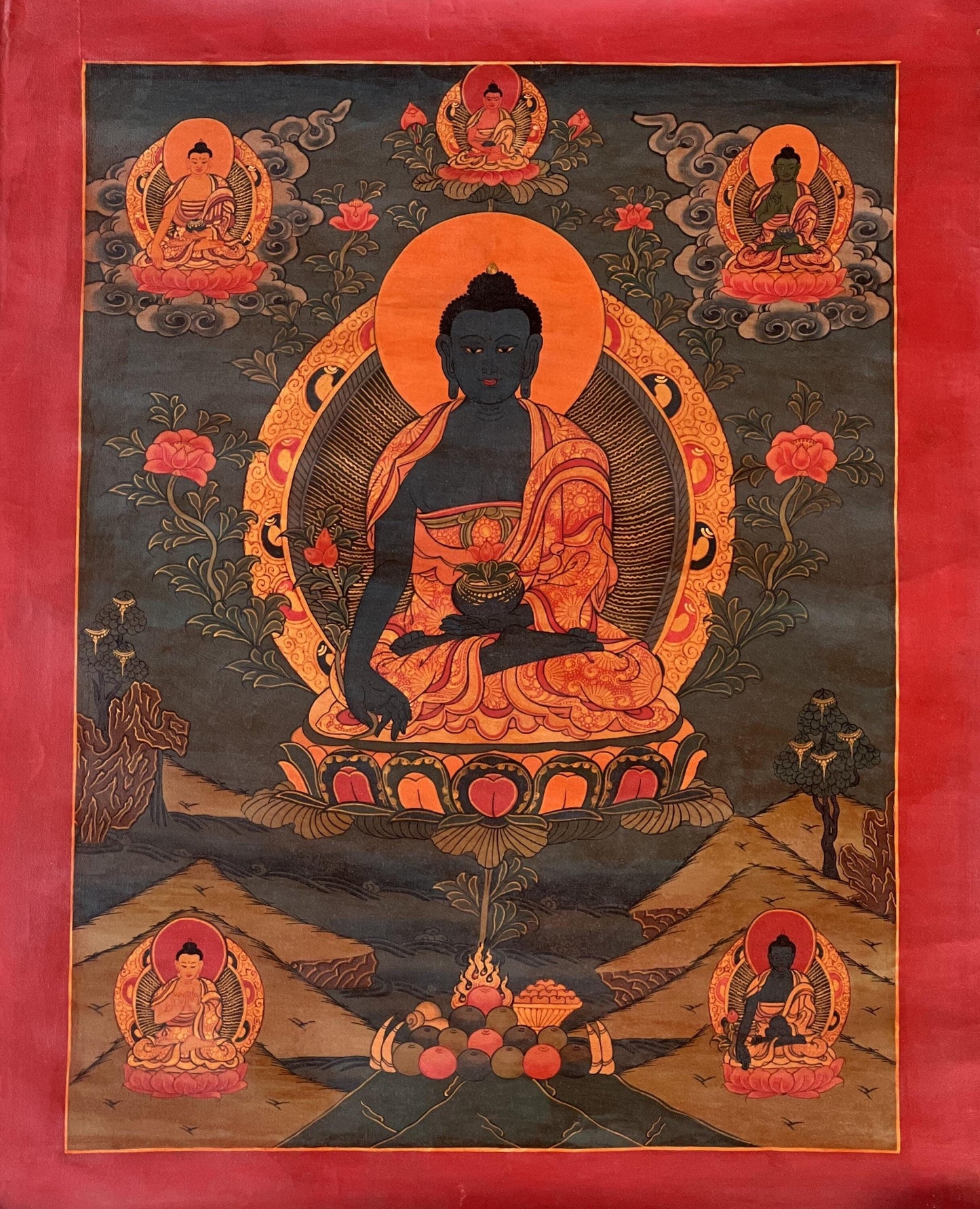 Hand-Painted Medicine Buddha Thangka | Bhaisajyaguru Tibetan Art | Vintage Oil-Varnished Meditation Painting