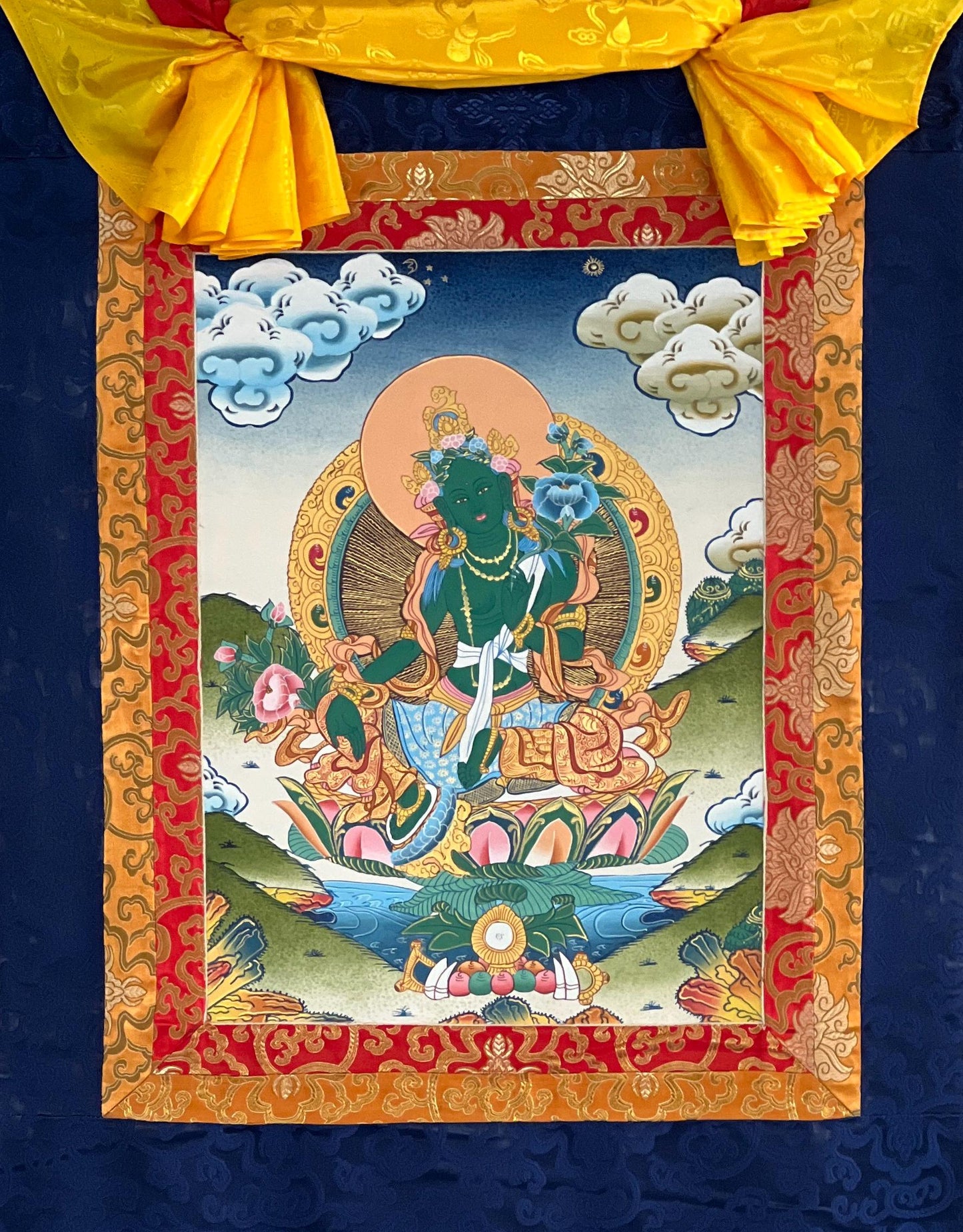 Hand-painted Green Tara Thangka Painting with Silk Brocade