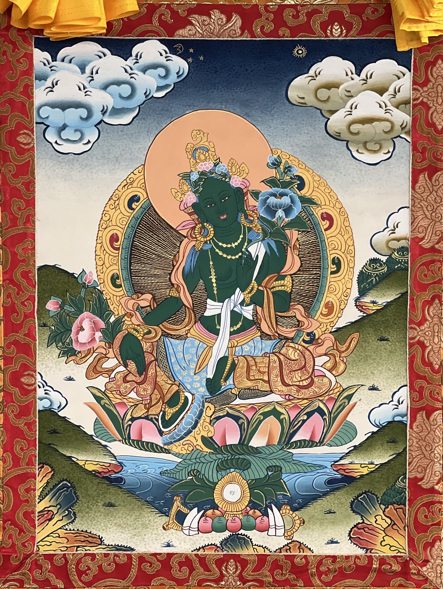 Hand-painted Green Tara Thangka Painting with Silk Brocade