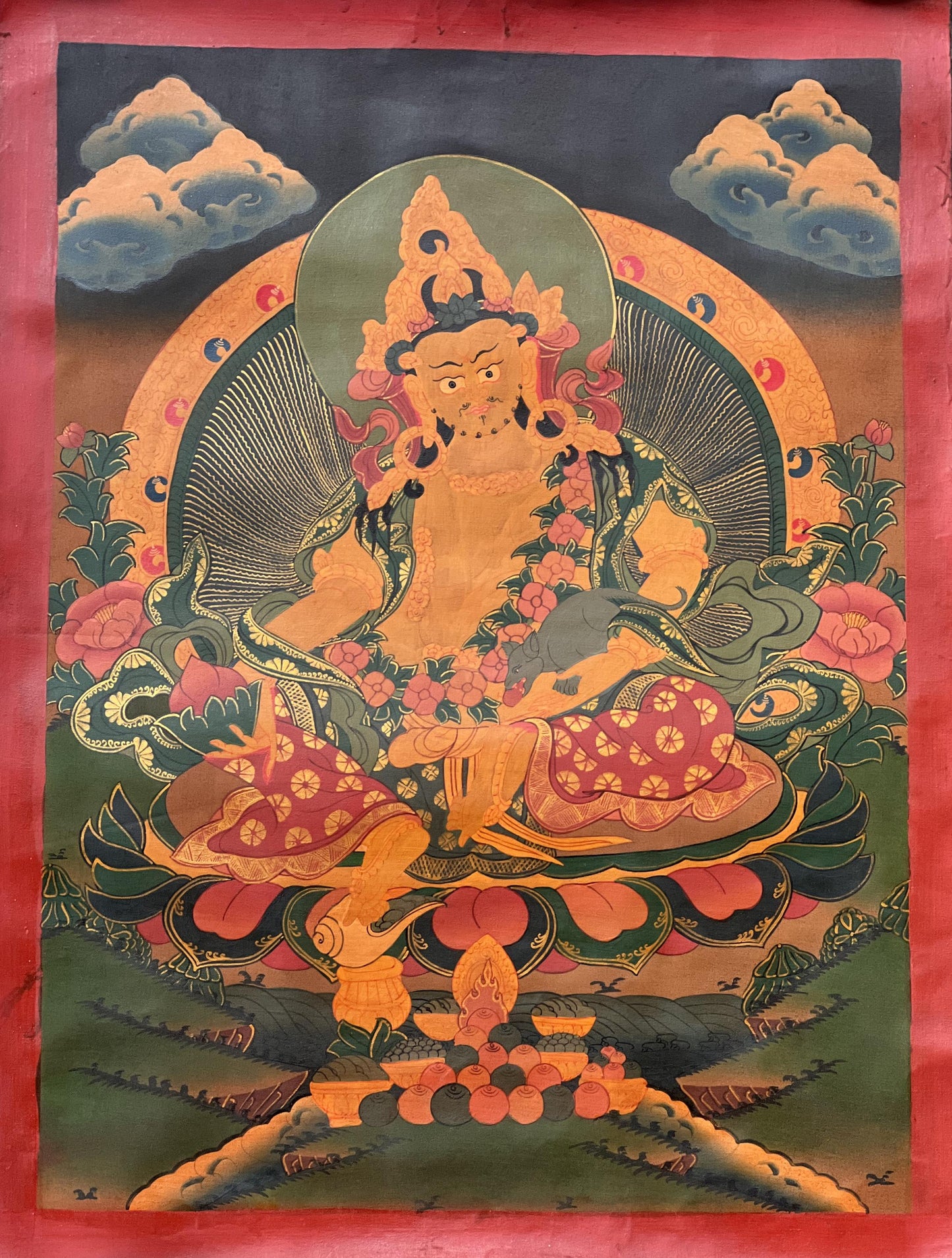 Hand-Painted Kubera Thangka – Tibetan God of Wealth, Oil on Canvas