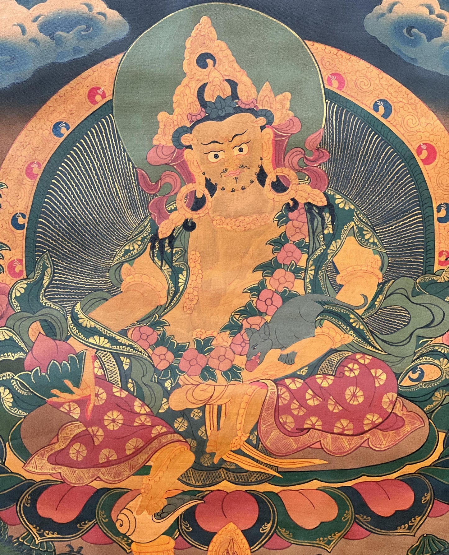 Hand-Painted Kubera Thangka – Tibetan God of Wealth, Oil on Canvas