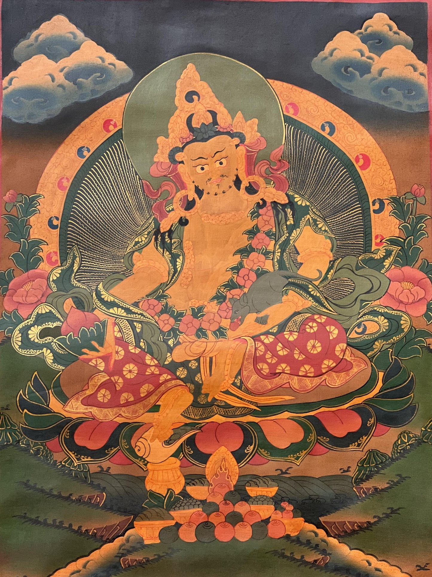 Hand-Painted Kubera Thangka – Tibetan God of Wealth, Oil on Canvas
