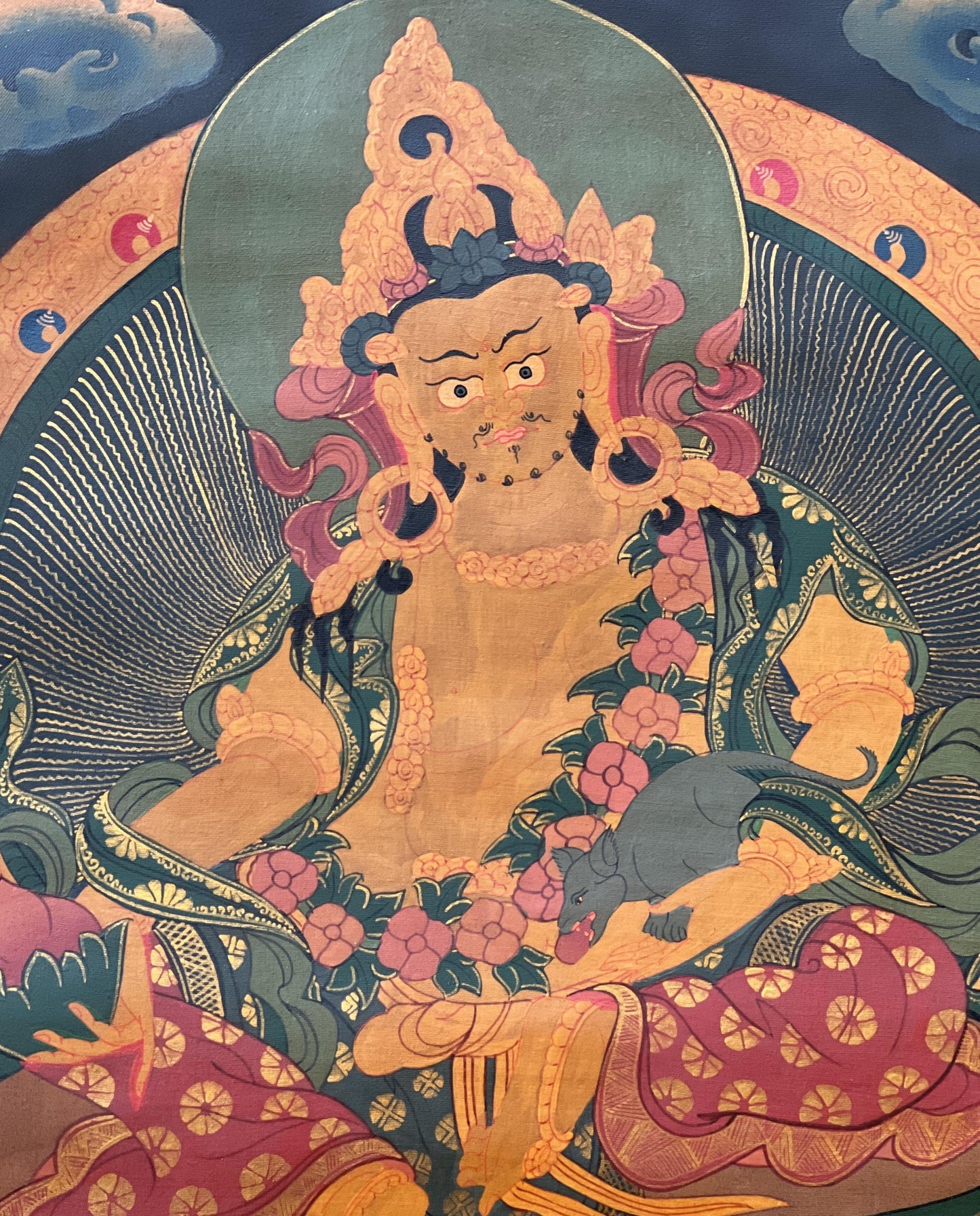 Hand-Painted Kubera Thangka – Tibetan God of Wealth, Oil on Canvas