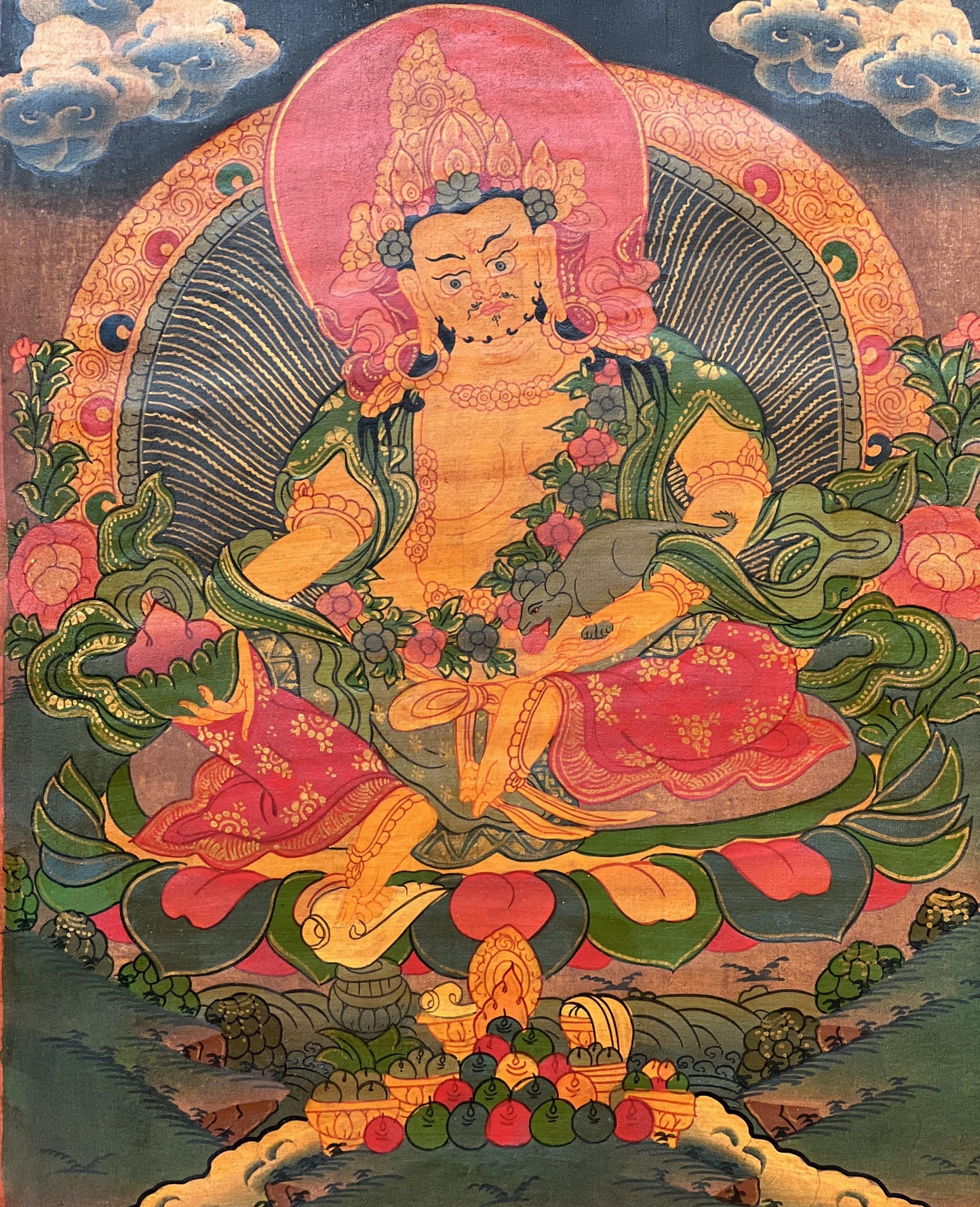 Hand-Painted Kubera Thangka – Jambhala, God of Wealth, Tibetan Art Oil Varnished with Silk Brocade