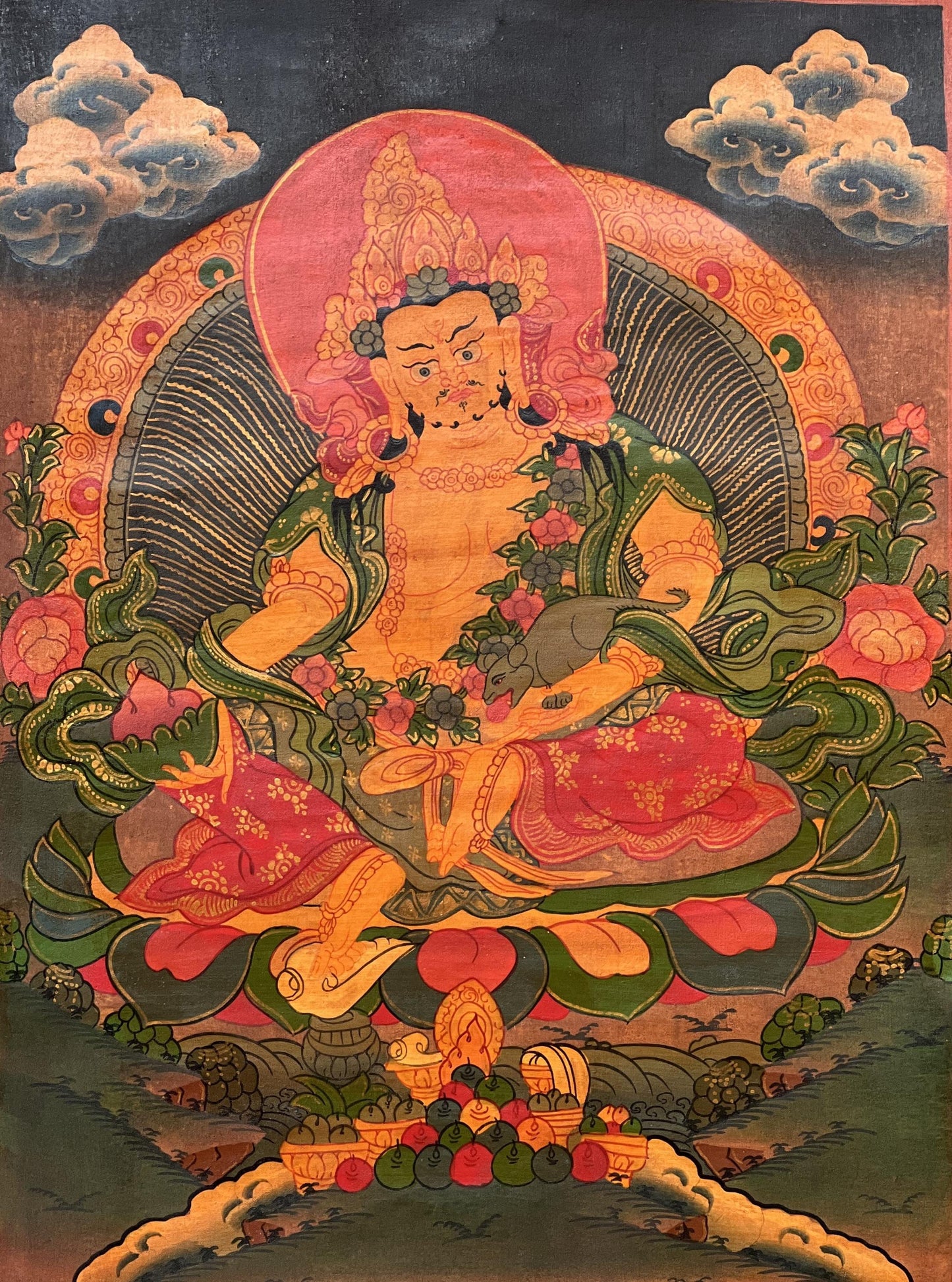 Hand-Painted Kubera Thangka – Jambhala, God of Wealth, Tibetan Art Oil Varnished with Silk Brocade