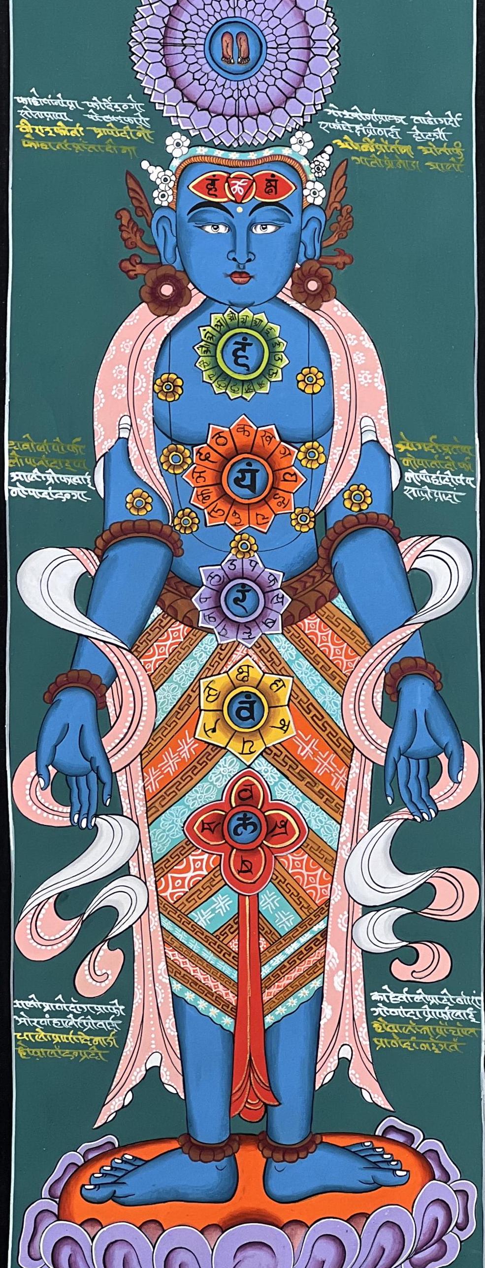 Seven Chakras Thangka Painting, Kundalini Art with Silk Brocade