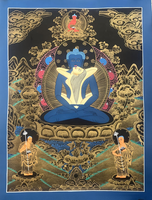 Hand-Painted Samantabhadra Thangka, Buddha Shakti Yab-Yum Art