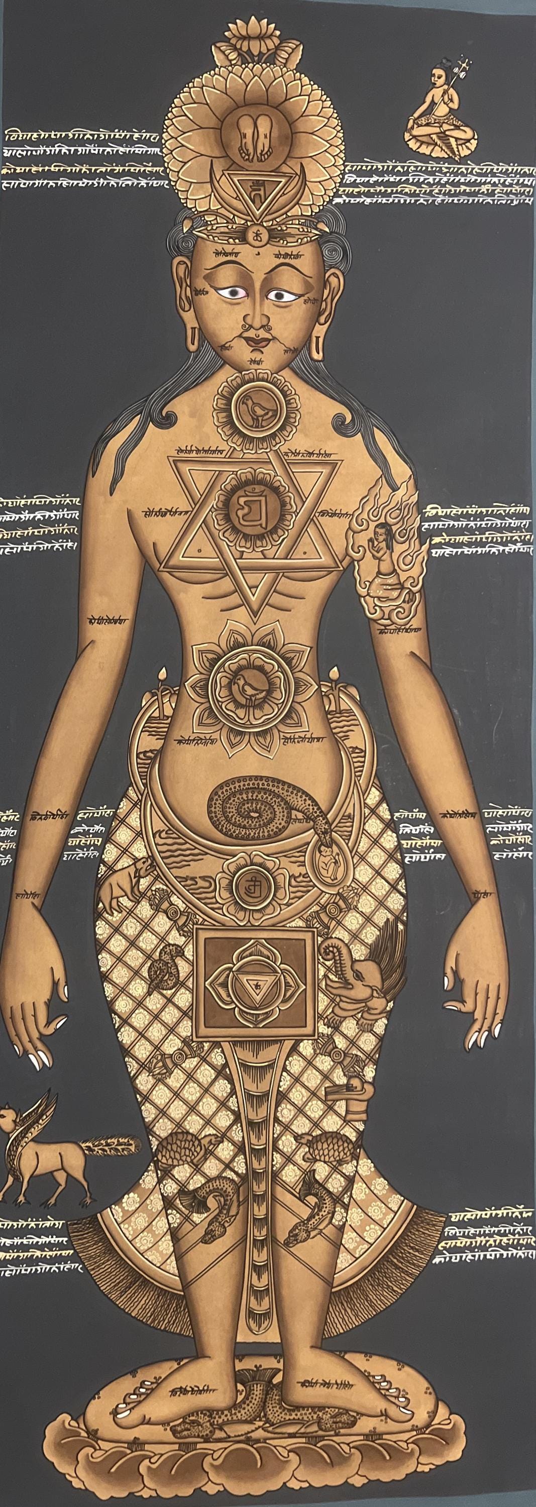 Hand-painted Seven Chakra Tibetan Thangka Painting with Silk Brocade