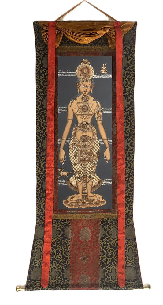 Hand-painted Seven Chakra Tibetan Thangka Painting with Silk Brocade