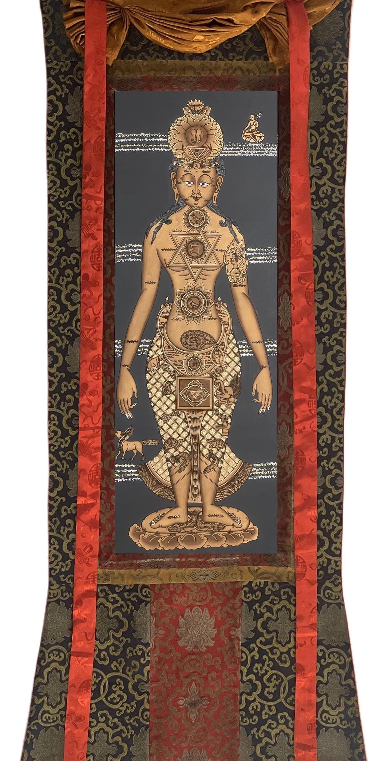 Hand-painted Seven Chakra Tibetan Thangka Painting with Silk Brocade