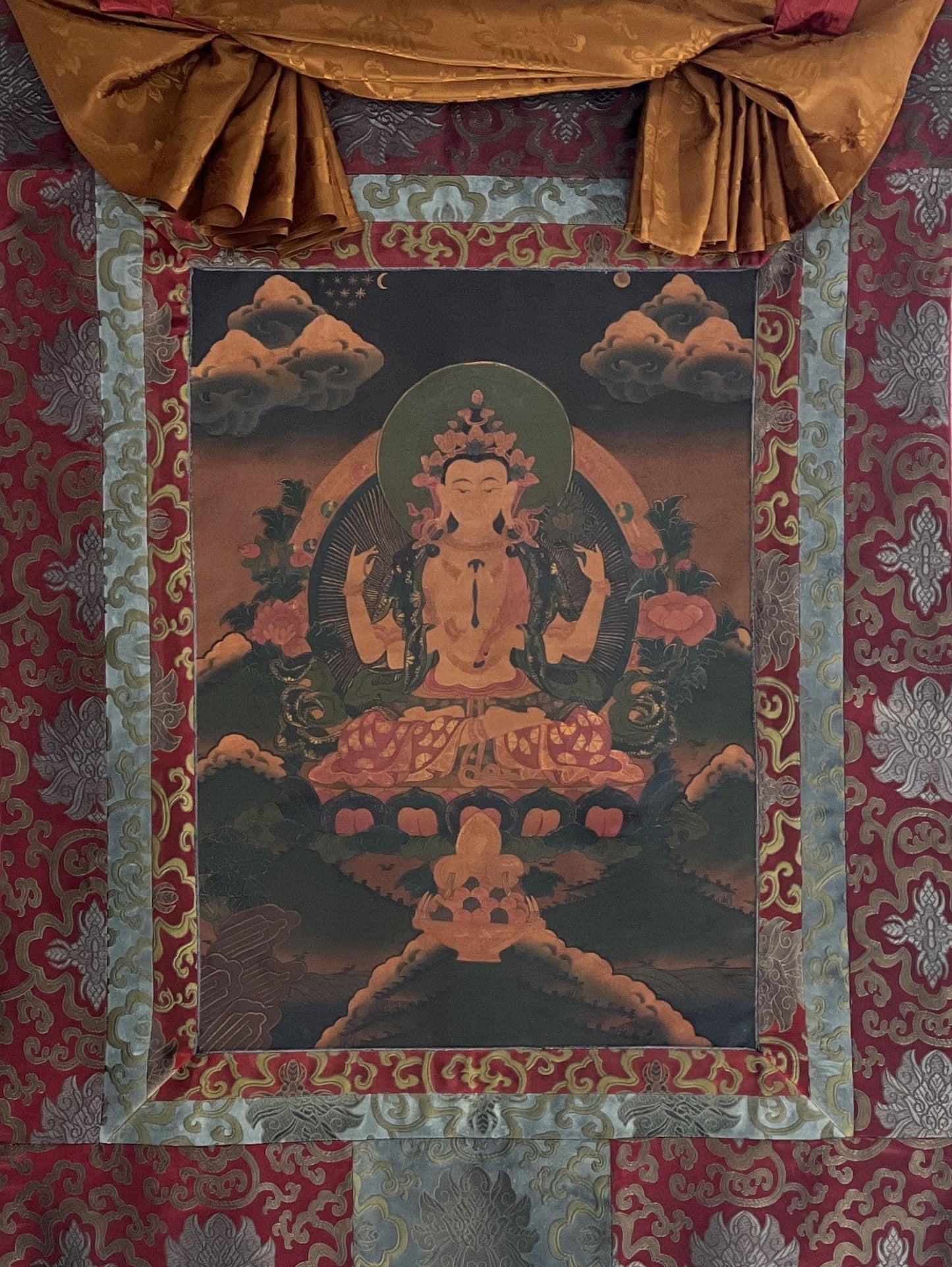 Hand Painted Avalokiteshvara Thangka, Oil Varnished Tibetan Brocade