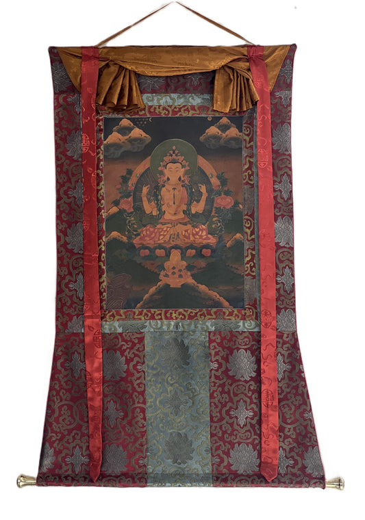 Hand Painted Avalokiteshvara Thangka, Oil Varnished Tibetan Brocade