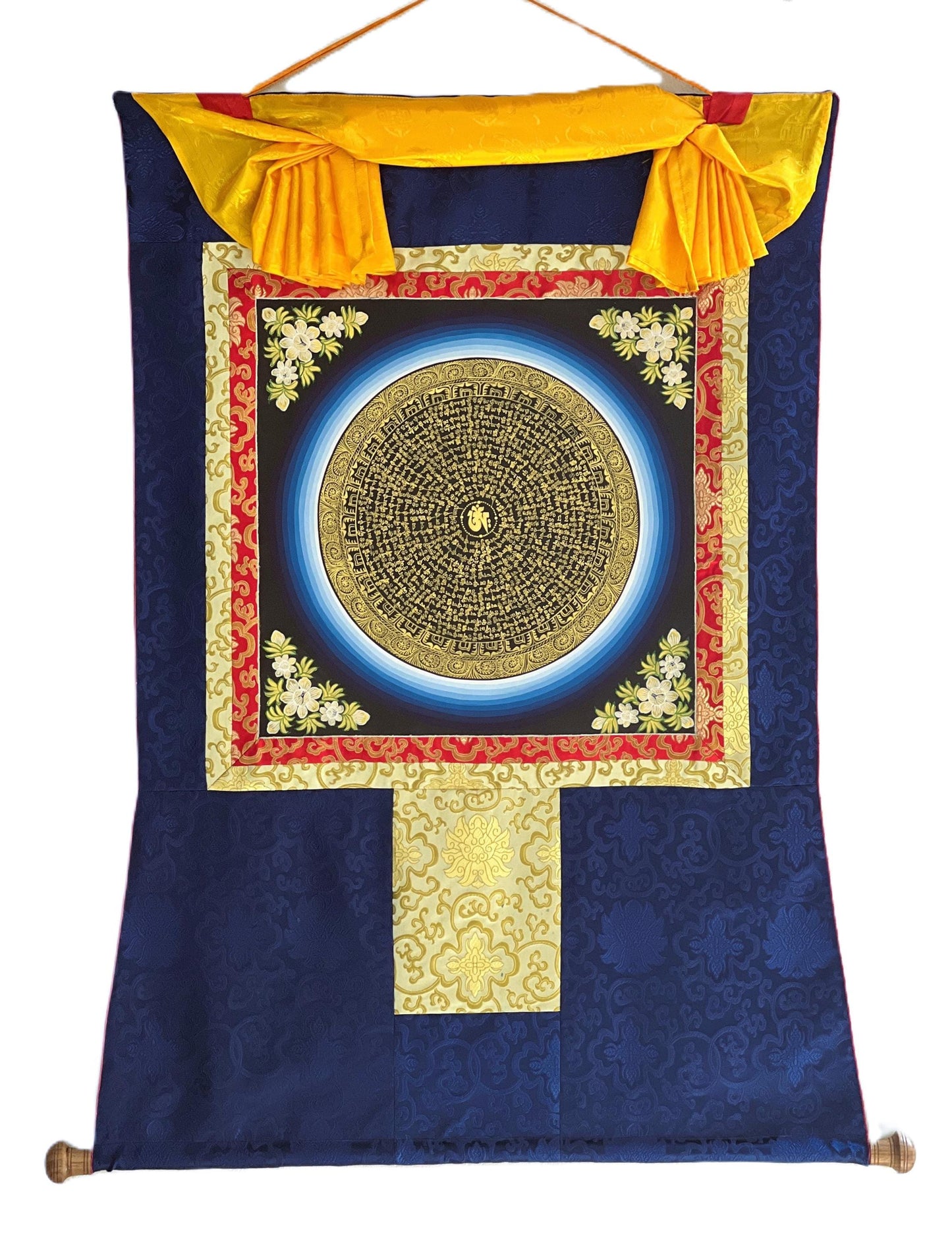 Om Mantra Mandala Thangka | Hand-Painted Tibetan Meditation Art with Silk Brocade
