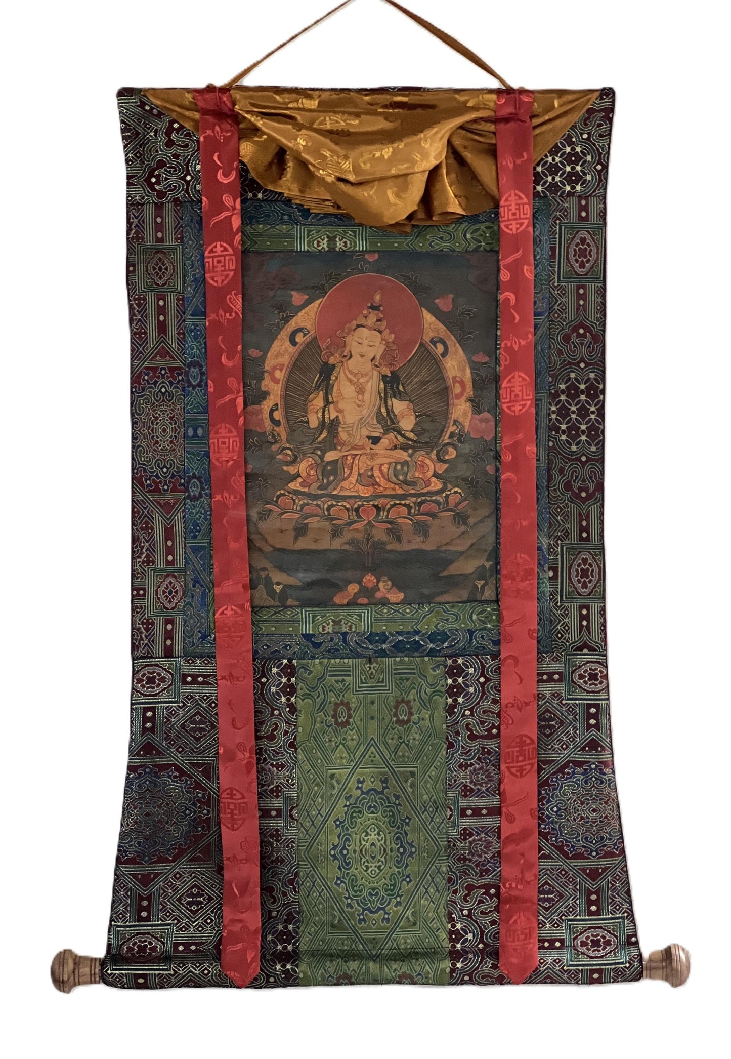 Old Oil Varnished Vajrasattva Thangka | Tibetan Buddhist Art | Hand-Painted Sacred Painting | Silk Brocade Frame