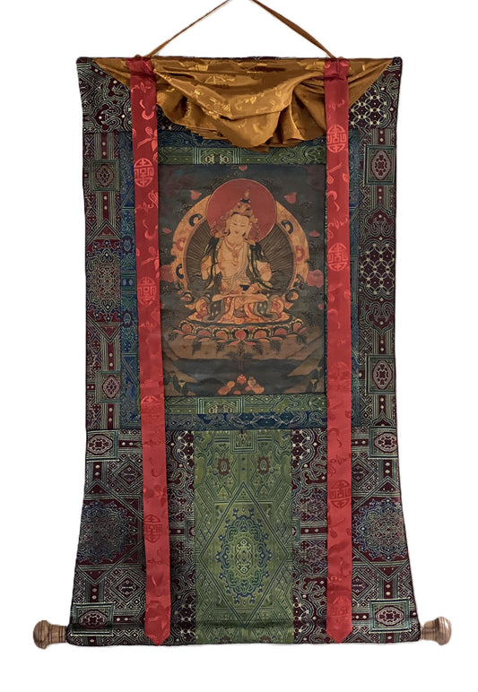 Old Oil Varnished Vajrasattva Thangka | Tibetan Buddhist Art | Hand-Painted Sacred Painting | Silk Brocade Frame
