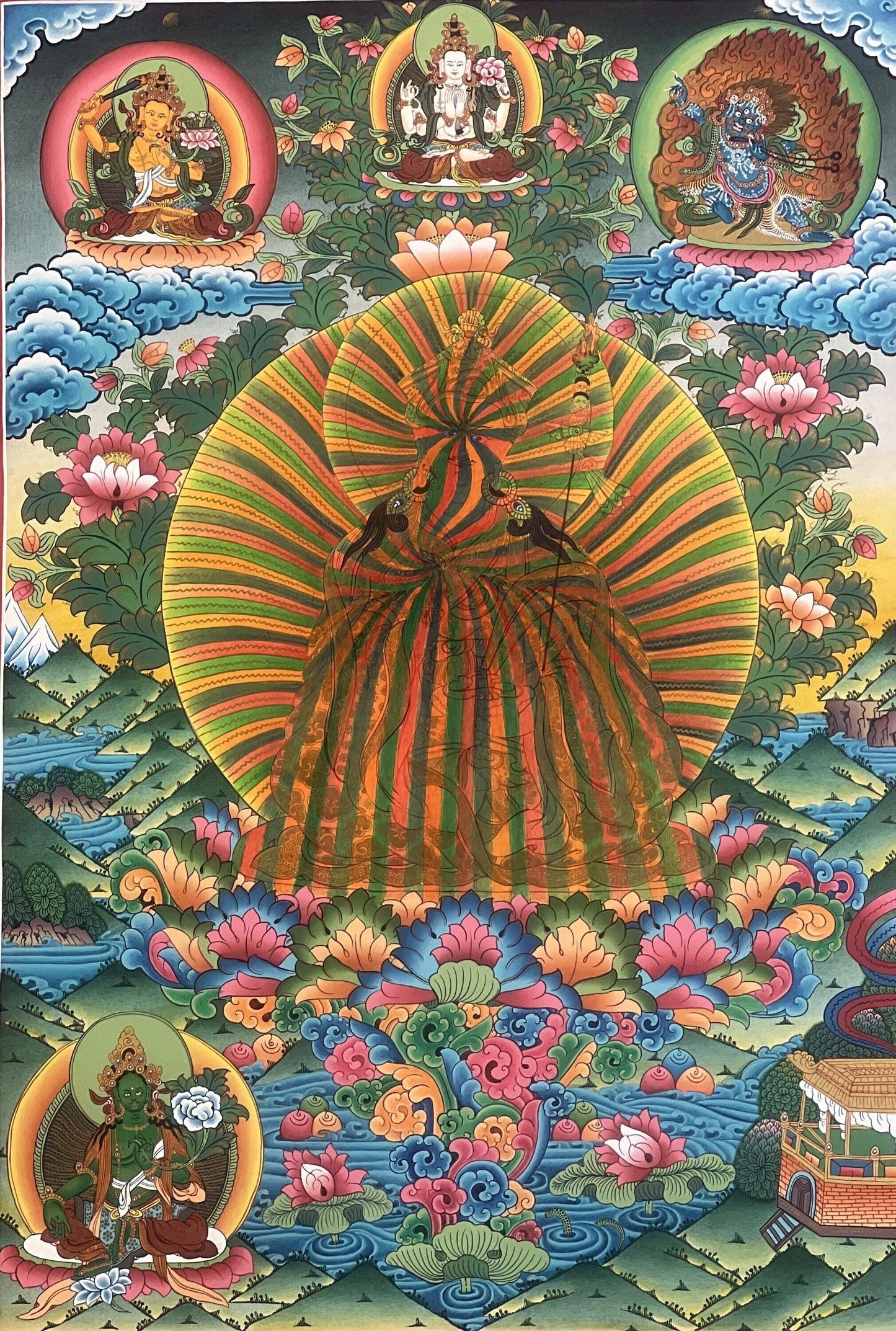 Guru Rainbow Body Padmasambhava Thangka | Hand-Painted Tibetan Buddhist Art | Gold Masterpiece | Dzogchen Meditation Painting