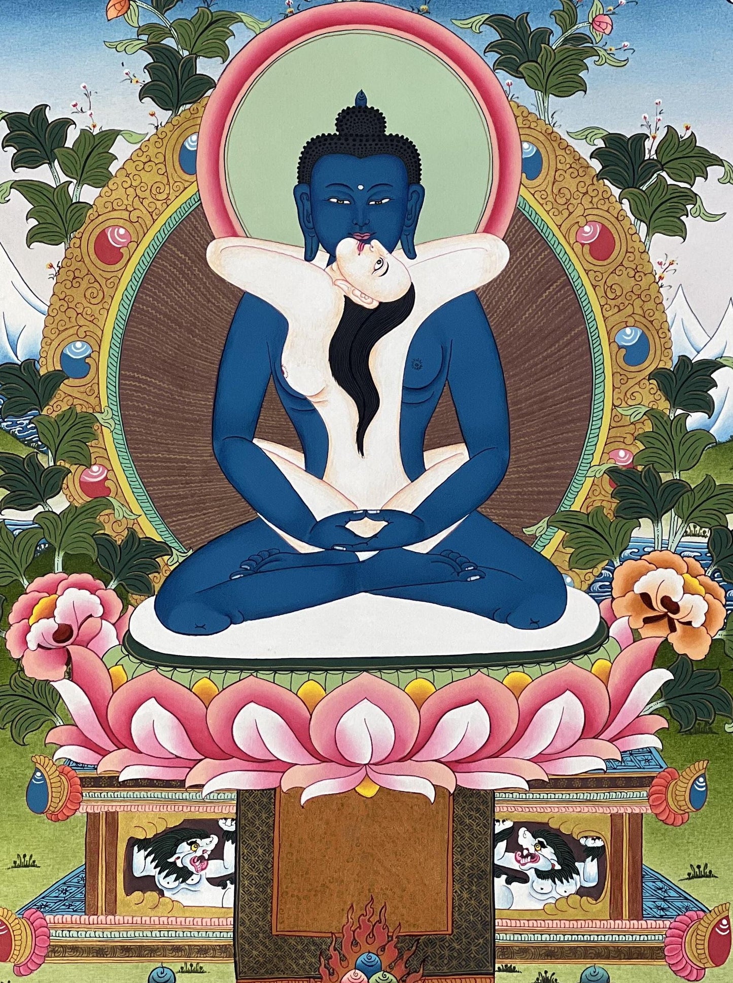 Hand-Painted Samantabhadra Thangka: Tibetan Yab-Yum Art