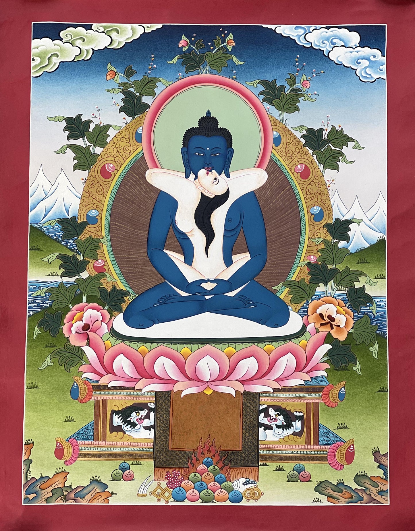 Hand-Painted Samantabhadra Thangka: Tibetan Yab-Yum Art