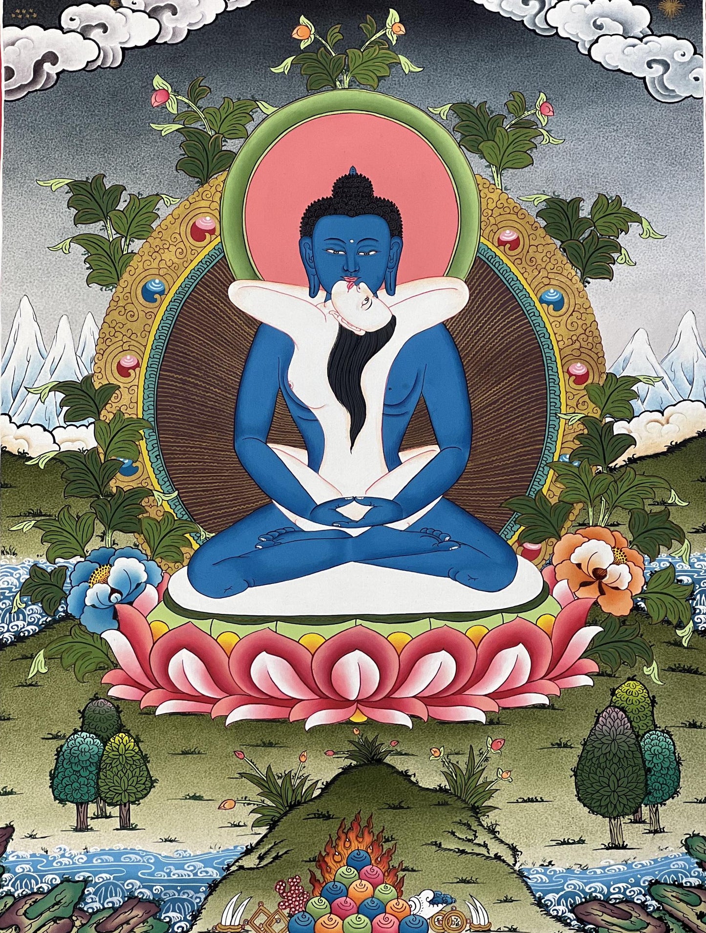 Hand-Painted Buddha Shakti Thangka Painting, Tibetan Art