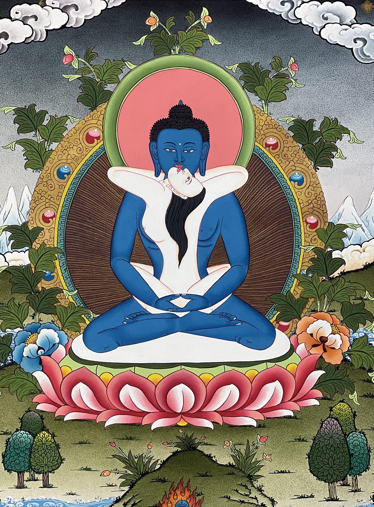 Hand-Painted Buddha Shakti Thangka Painting, Tibetan Art