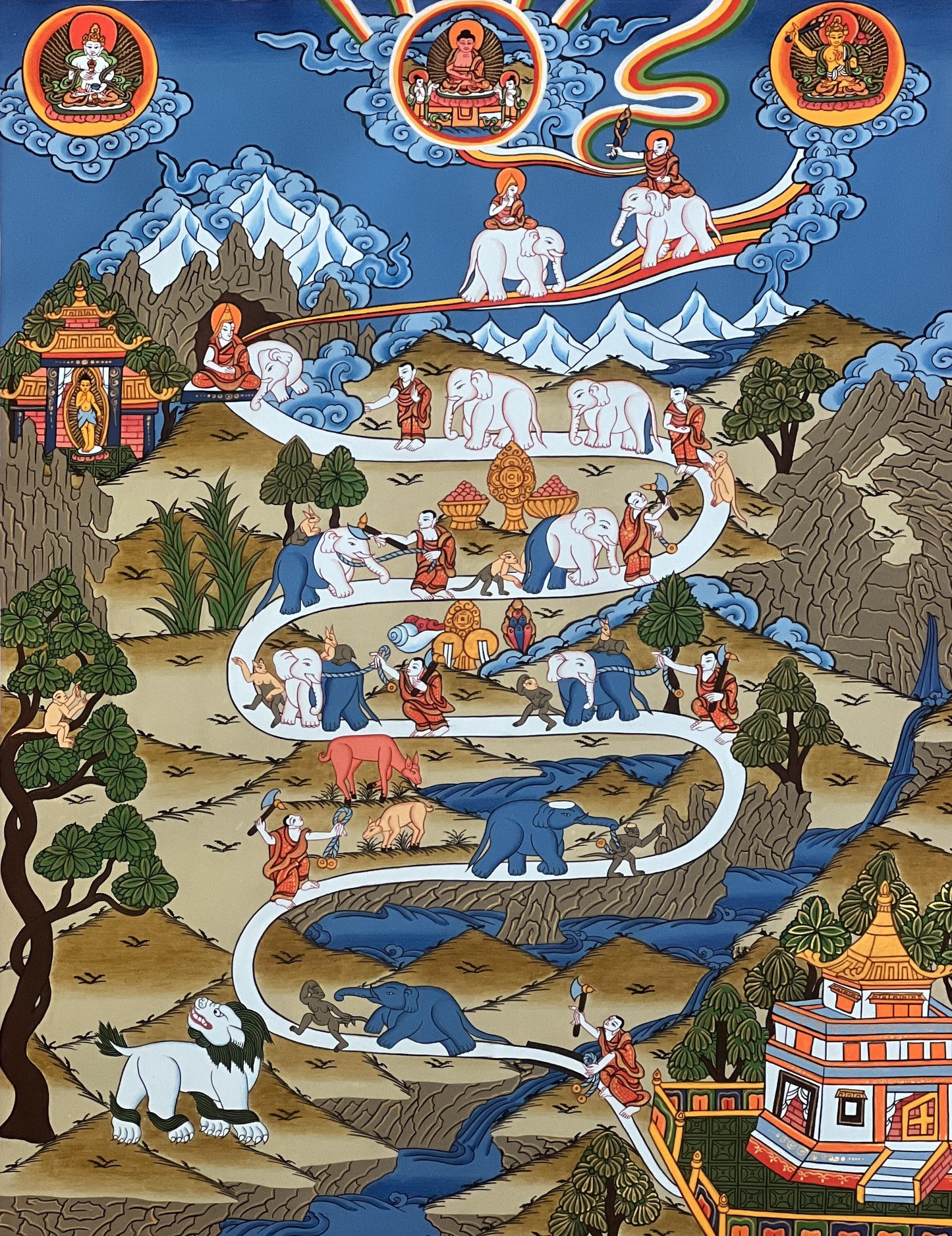 Samatha Meditation Thangka • Tibetan Buddhist Masterpiece Art • Nine Stages of Calm Abiding • Mind Training