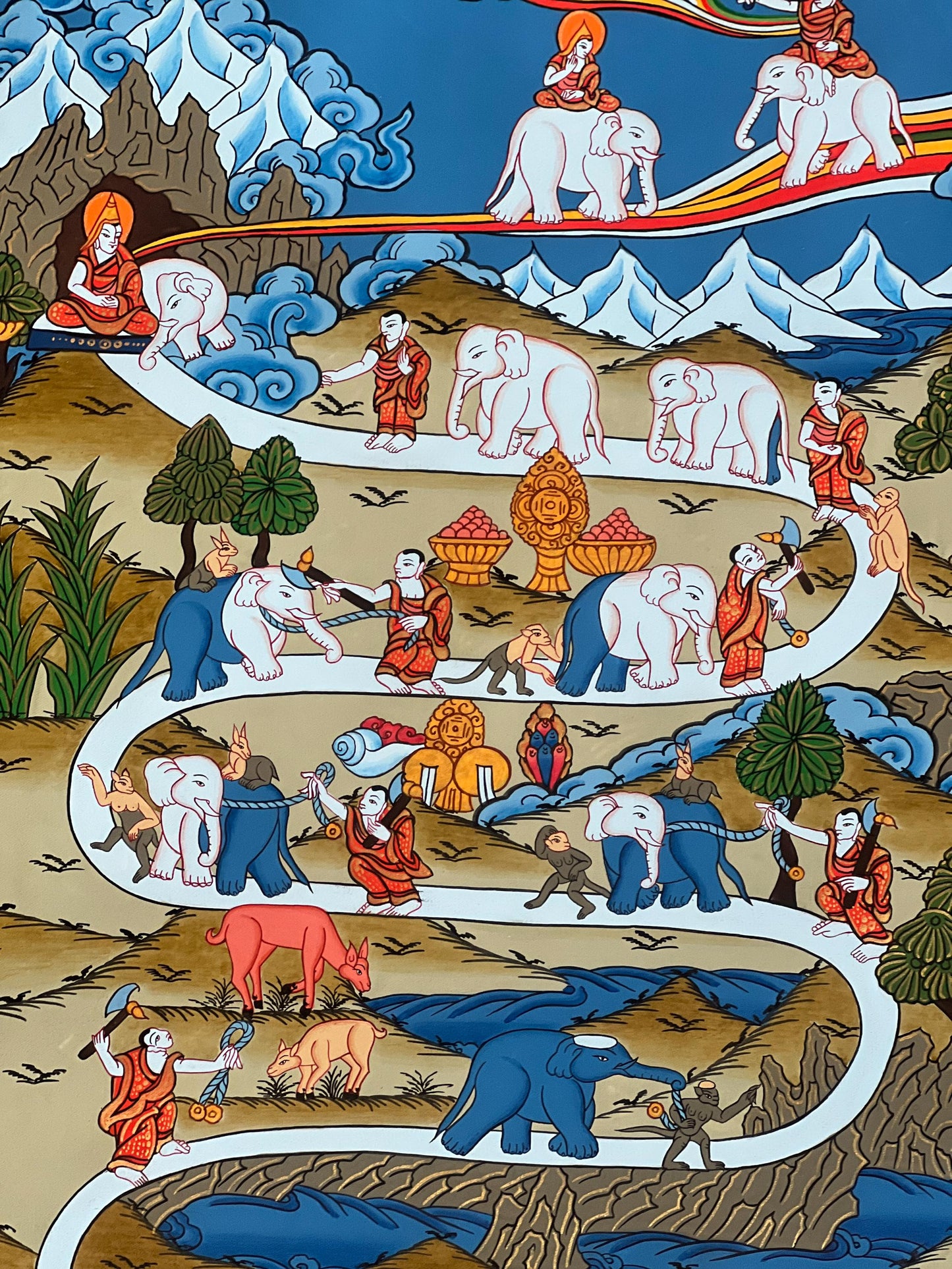 Samatha Meditation Thangka • Tibetan Buddhist Masterpiece Art • Nine Stages of Calm Abiding • Mind Training