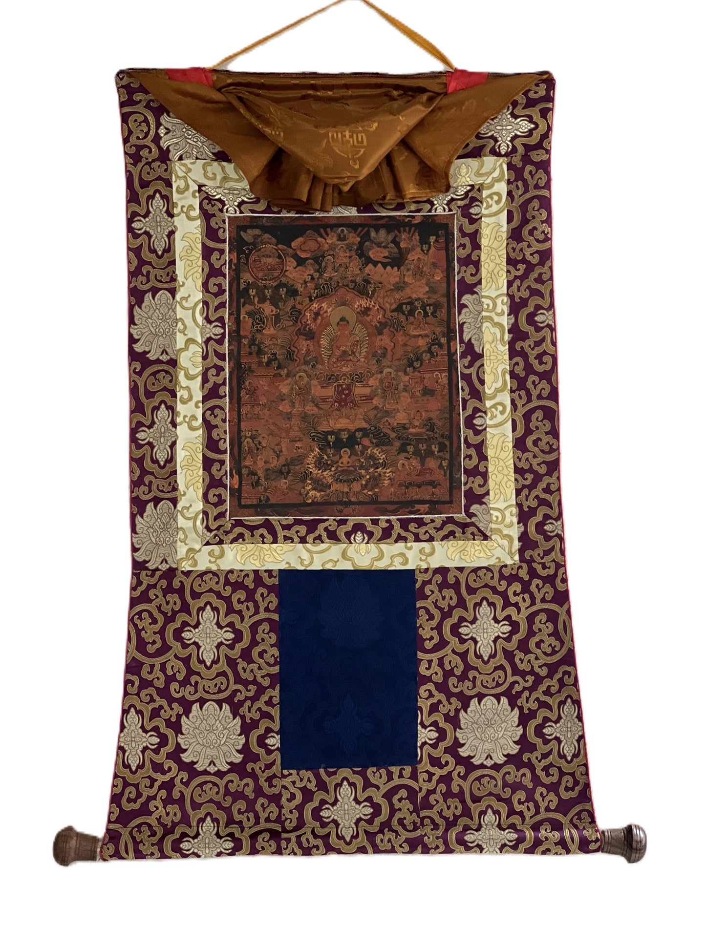 Hand-Painted Buddha Life Mandala Thangka, Oil Varnished with Silk Brocade