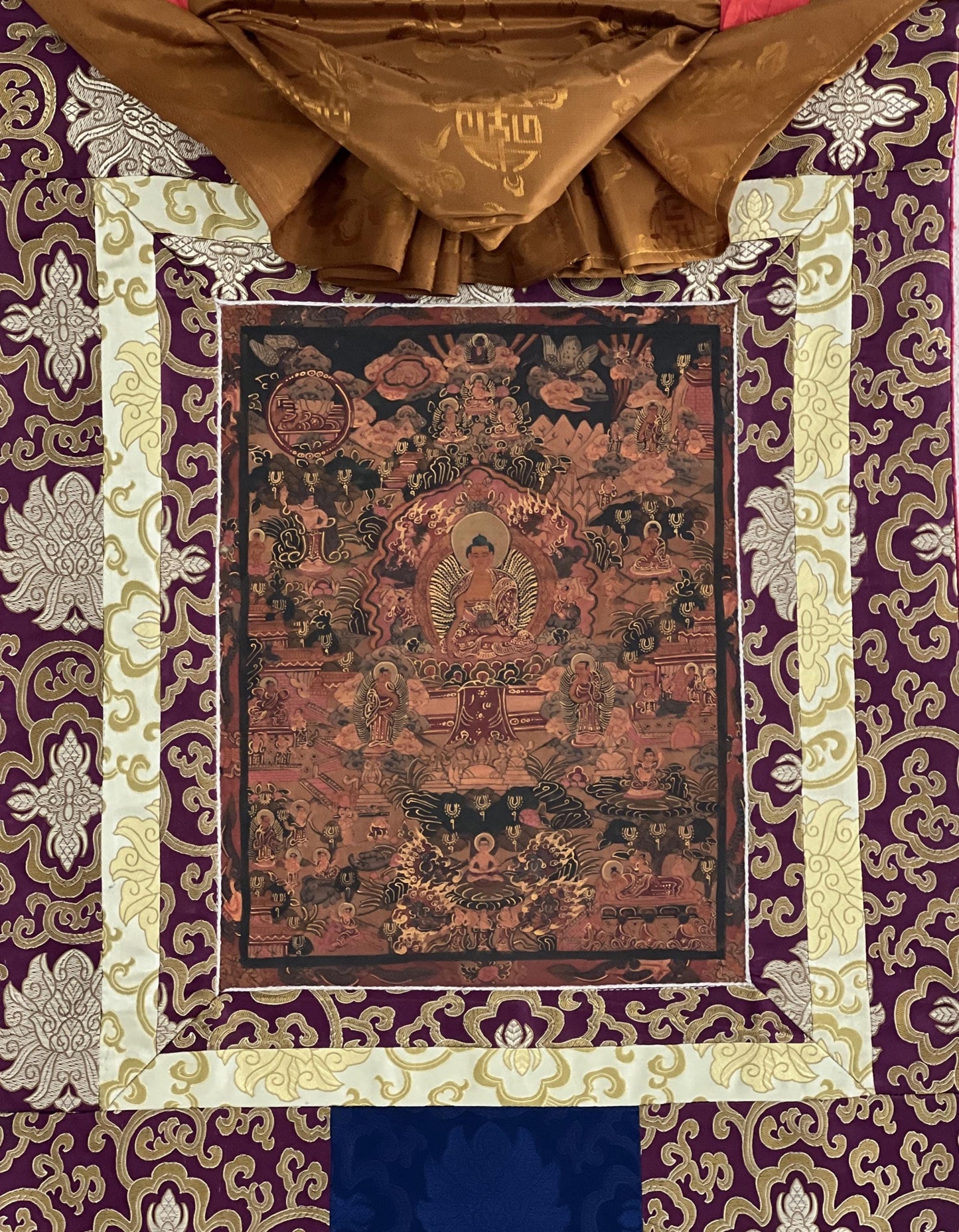 Hand-Painted Buddha Life Mandala Thangka, Oil Varnished with Silk Brocade