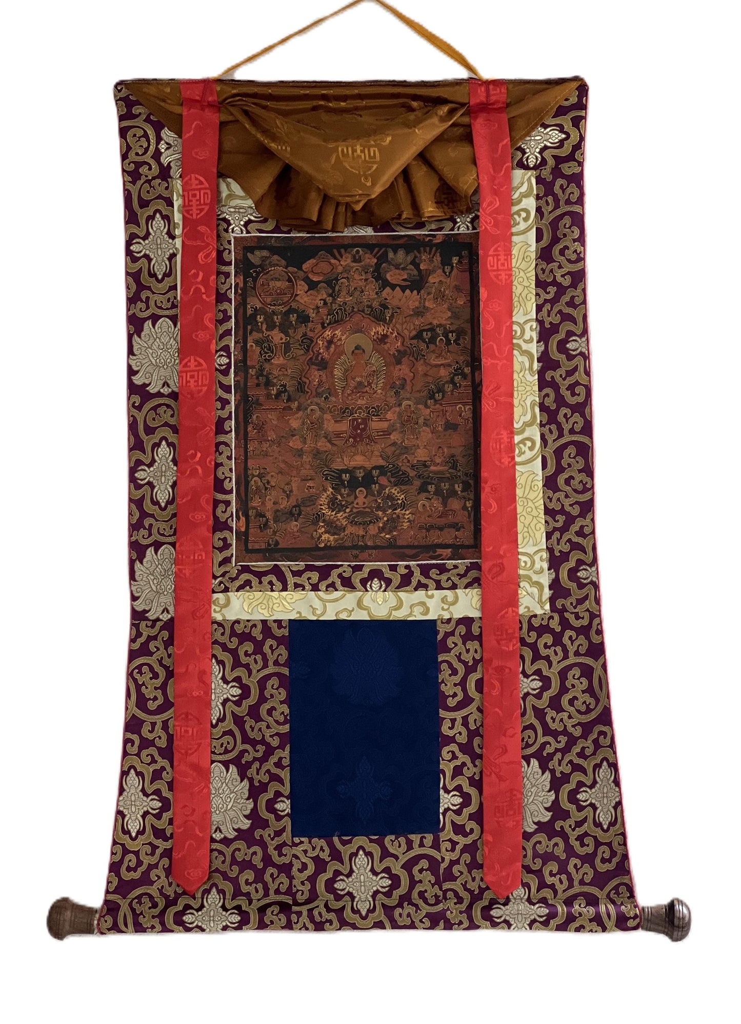 Hand-Painted Buddha Life Mandala Thangka, Oil Varnished with Silk Brocade