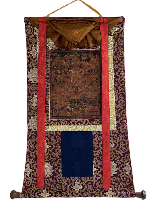 Hand-Painted Buddha Life Mandala Thangka, Oil Varnished with Silk Brocade