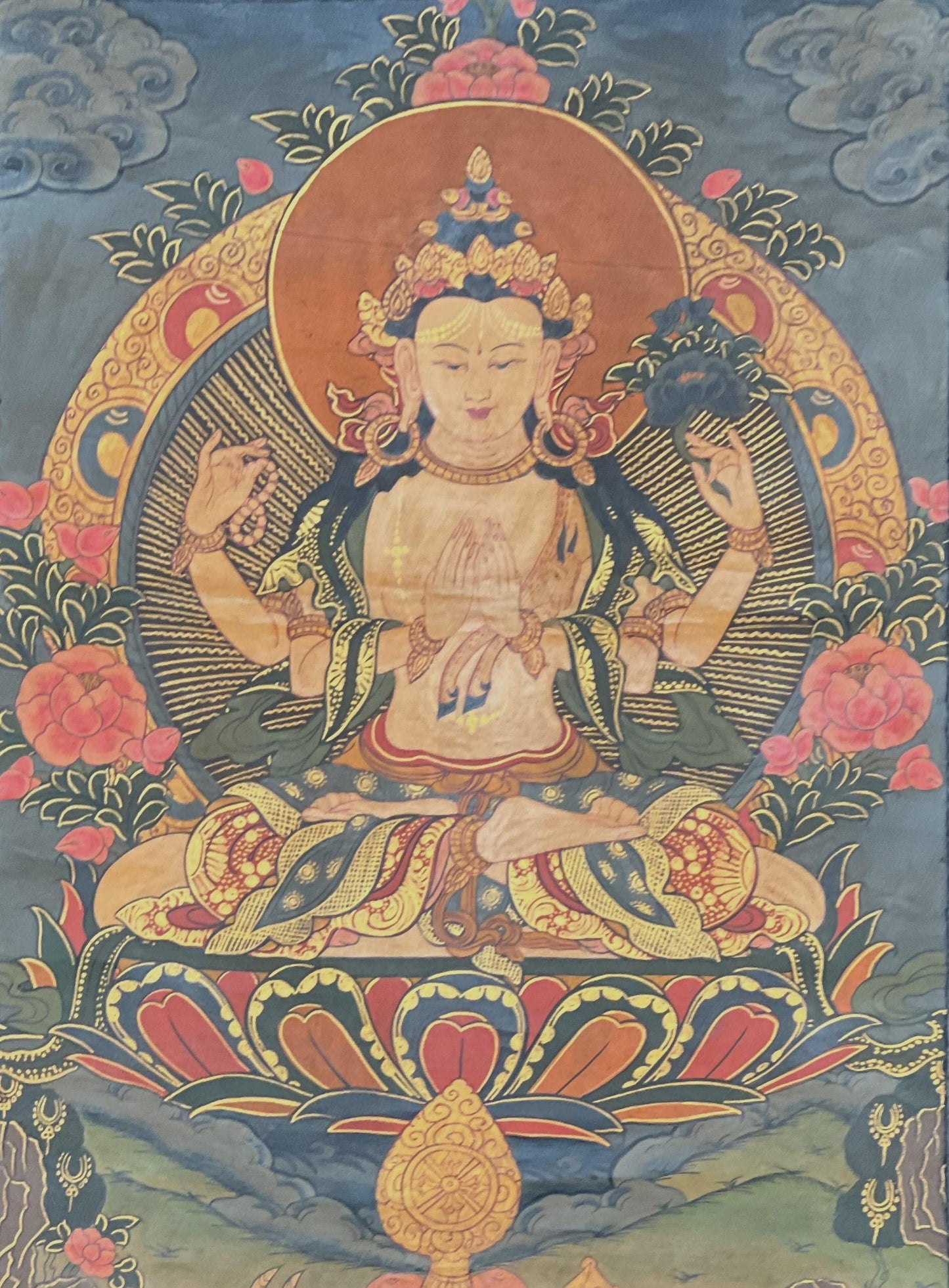 Old Avalokiteshvara Thangka Painting, Hand Painted Tibetan Art with Brocade