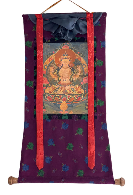 Old Avalokiteshvara Thangka Painting, Hand Painted Tibetan Art with Brocade