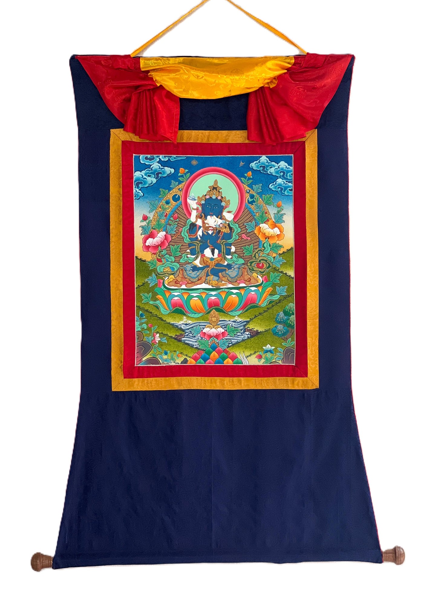 Vajradhara Shakti Thangka Painting, Silk Brocade Framed Tibetan Art